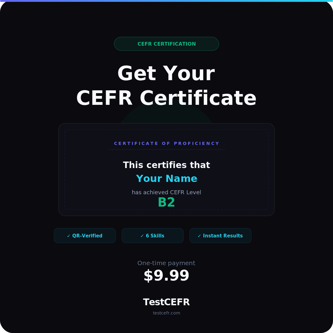 Sample TestCEFR CEFR certificate with level badge and verification QR area